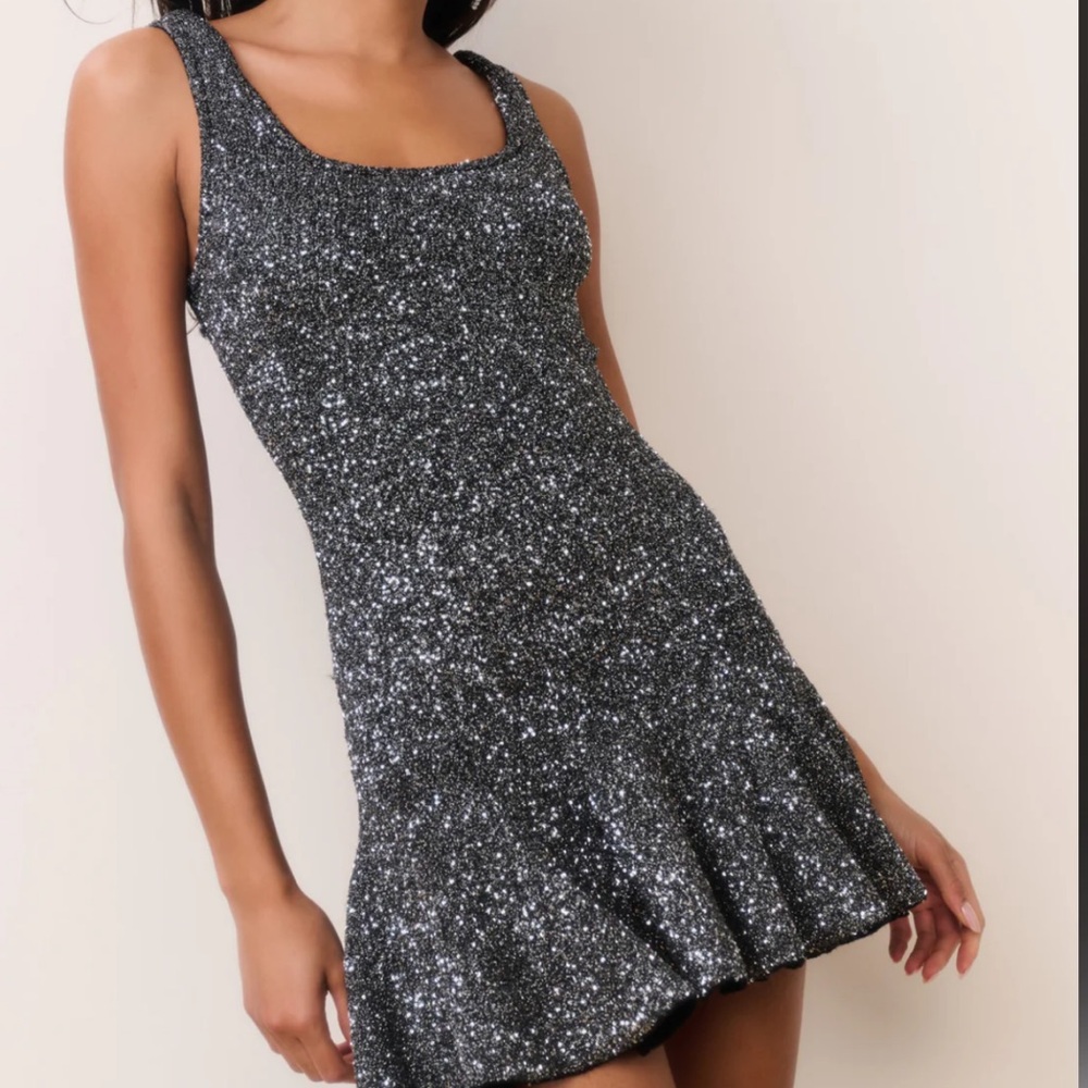 LOVFSHACKFANCY Sarajane Sequin Stretch Knit Mini Dress Black NWT